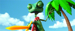 An animated green chameleon stands under a palm tree against a bright blue sky with white clouds.