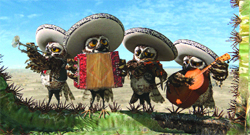 Four owls in sombreros playing a trumpet, accordion, and guitar in a desert landscape.