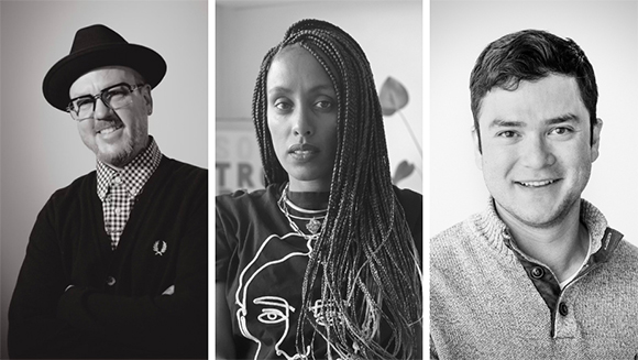 Three black and white portrait shots of a man in a hat, a woman with braids, and a smiling man.
