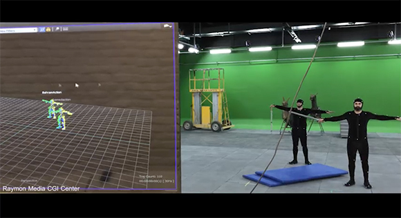 Split screen showing a person in a motion capture suit and a digital wireframe avatar in a virtual environment.