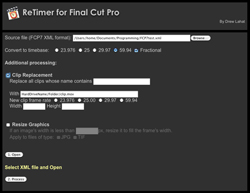 Software interface for ReTimer for Final Cut Pro showing file selection and processing options.