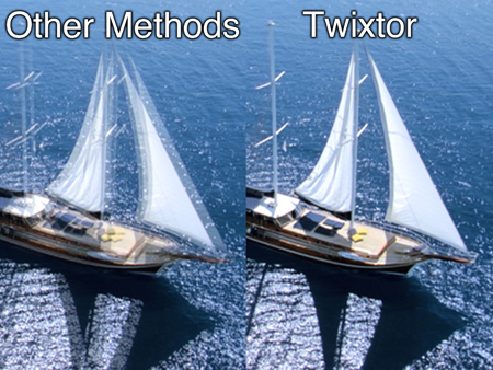 Side-by-side comparison of a sailboat on blue water, showing different levels of motion blur and clarity.