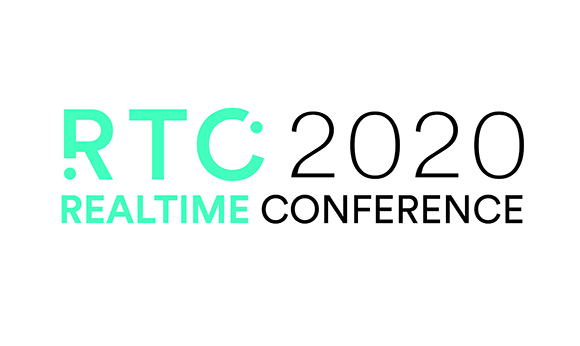 RTC 2020 Realtime Conference logo with mint green and black text on a white background.