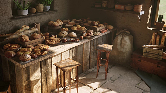 A wooden bakery counter displays assorted loaves, rolls, and pastries in a sunlit, rustic room.