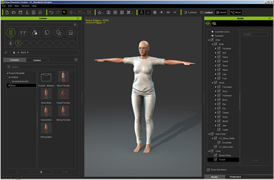 Software interface showing a 3D model of a female character in white clothing against a gray background.