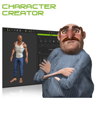 A 3D software interface showing a male character model next to a large, cartoonish man with a mustache.