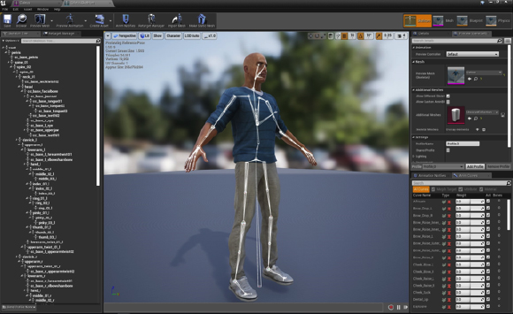 Unreal Engine software interface showing a 3D male character model with a skeletal rig overlay.