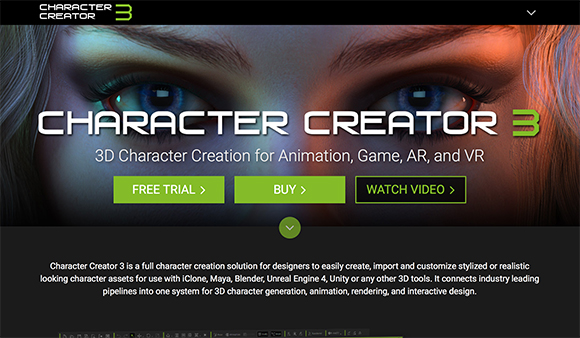 Website banner for Character Creator 3 featuring a close-up of a digital human face and software options.