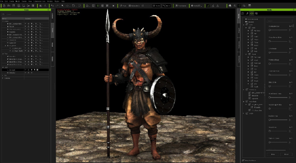 A 3D model of a horned warrior holding a spear and shield within a digital modeling software interface.
