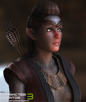 Digital portrait of a dark-skinned fantasy woman with pointed ears, a gold headpiece, and arrows on her back.