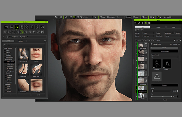 Software interface showing a 3D male head model alongside skin detail texture samples and adjustment sliders.