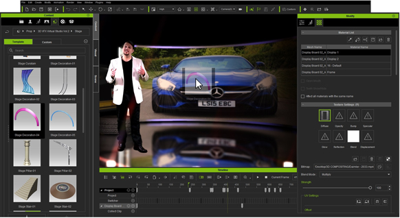 Video editing software interface displaying a man in a white suit in front of a blue Mercedes car.