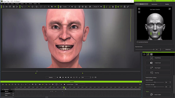 Interface of 3D animation software showing a digital human head model and facial rigging controls.