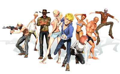 A group of stylized characters including people in casual wear, swimwear, and a person holding a rifle.