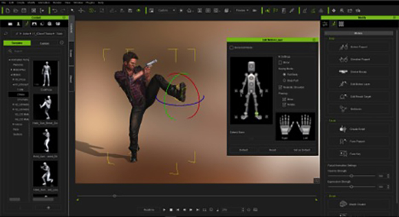 Interface of 3D animation software featuring a male character model in a kicking pose with motion controls.