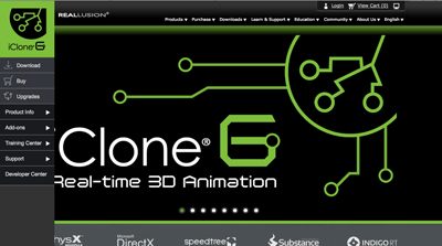 iClone 6 website banner with green circuit board graphics on a black background.