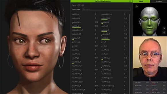 Split screen showing a 3D rendered female face and a man's face being used for motion capture.