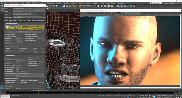 3D modeling software interface displaying a wireframe head model and a realistic rendered close-up of a man.