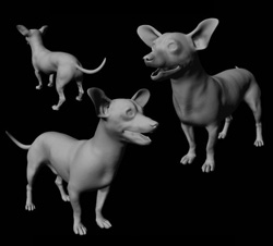 Three grey, smooth-textured dog figurines standing against a black background.