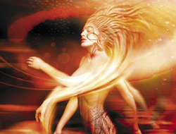 A woman with long, flowing golden hair surrounded by swirling, luminous orange and yellow light.