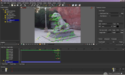 Video editing software interface showing a stone lion statue overlaid with green motion tracking points.