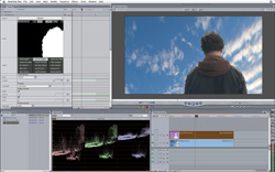 A digital video editing software interface showing a timeline, audio waveforms, and a video preview window.