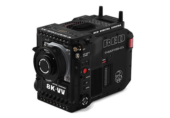 A black RED V-RAPTOR-XL 8K-VV digital cinema camera shown from a three-quarter angle.