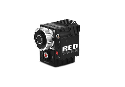 A black RED Dragon digital cinema camera with a silver lens mount against a white background.