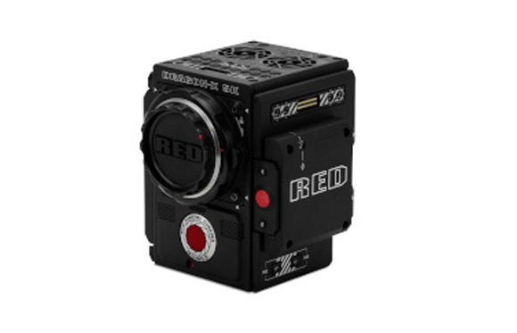 A black RED digital cinema camera shown from a three-quarter angle against a white background.