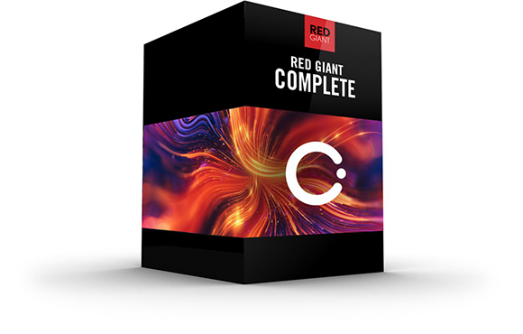 A black software box featuring the Red Giant Complete logo and a colorful, swirling abstract design.