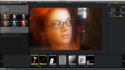 A video editing software interface displaying a close-up portrait of a woman with red hair and glasses.