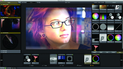 Video editing software interface showing a woman with glasses in the main preview window and various color tools.
