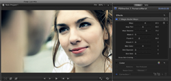 Video editing software interface showing a close-up portrait of a woman and an effects control panel.