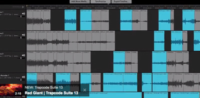 Digital audio waveforms displayed across multiple tracks in a video editing software timeline.