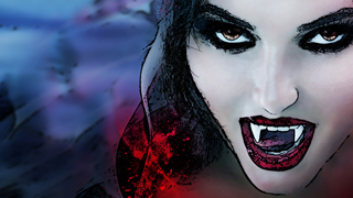 Close-up of a pale woman with dark eye makeup and sharp vampire fangs bared in a snarl.