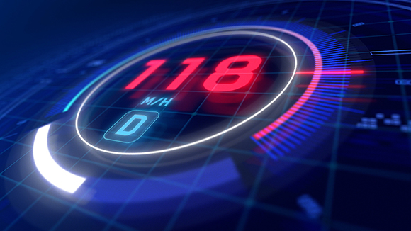 A glowing blue digital interface showing the number 118 in red with M/H underneath.