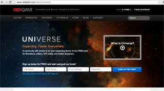 Red Giant website homepage for Universe software featuring a space-themed background and sign-up form.
