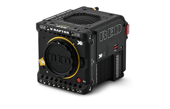 A black RED V-RAPTOR digital cinema camera shown from a three-quarter angle against a white background.