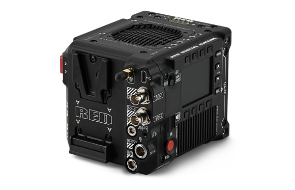 A black RED digital cinema camera body shown from a three-quarter rear angle against a white background.