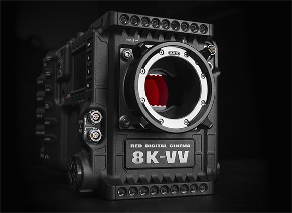 A black RED Digital Cinema 8K-VV professional camera body shown from a front three-quarter angle.
