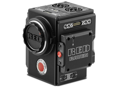A black, box-shaped RED Raven digital cinema camera shown from a three-quarter angle.