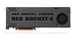 A long, dark gray Red Digital Cinema Red Rocket-X hardware component against a white background.