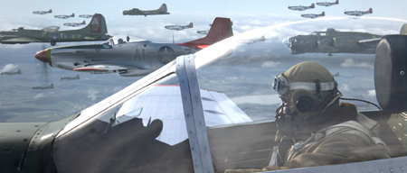 A pilot in a cockpit flies alongside a formation of fighter planes and bombers through clouds.
