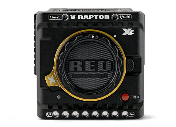 A black V-RAPTOR camera body featuring a large circular lens mount with gold accents.