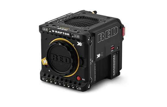 A black RED V-Raptor digital cinema camera shown from a three-quarter angle against a white background.