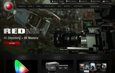 RED Digital Cinema website showcasing a professional 4K broadcast camera and streaming solutions.