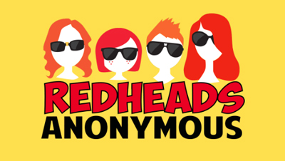 Four stylized cartoon redheads wearing sunglasses above the text 'REDHEADS ANONYMOUS'.