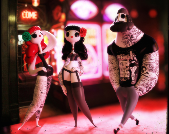 Three stylized, tattooed figures pose in front of glowing pink and red neon signs.