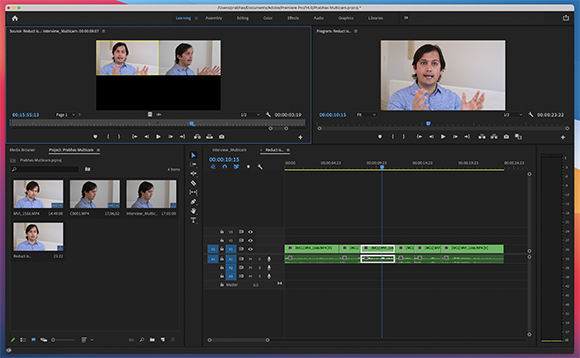 A video editing software interface showing multiple video preview windows and a multi-track timeline.