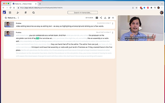 Web interface for Reduct showing a video player, a transcript editor, and user profile icons.